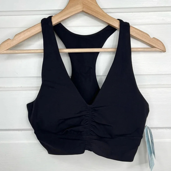 Zella Women's Black Ruched Racerback Sports Bra Size S Medium Support New - Picture 2 of 10